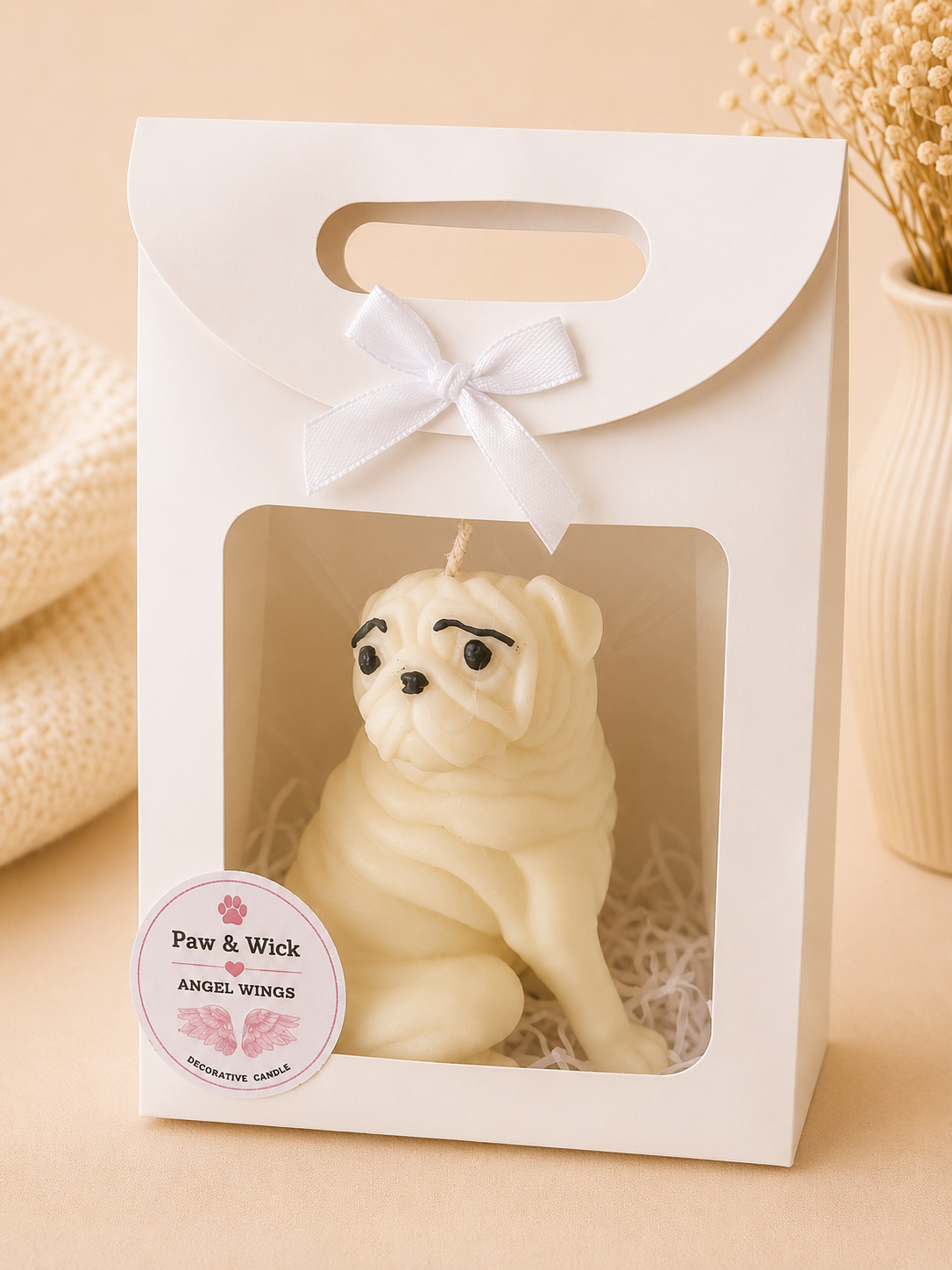 Angel Wings Pug Candle